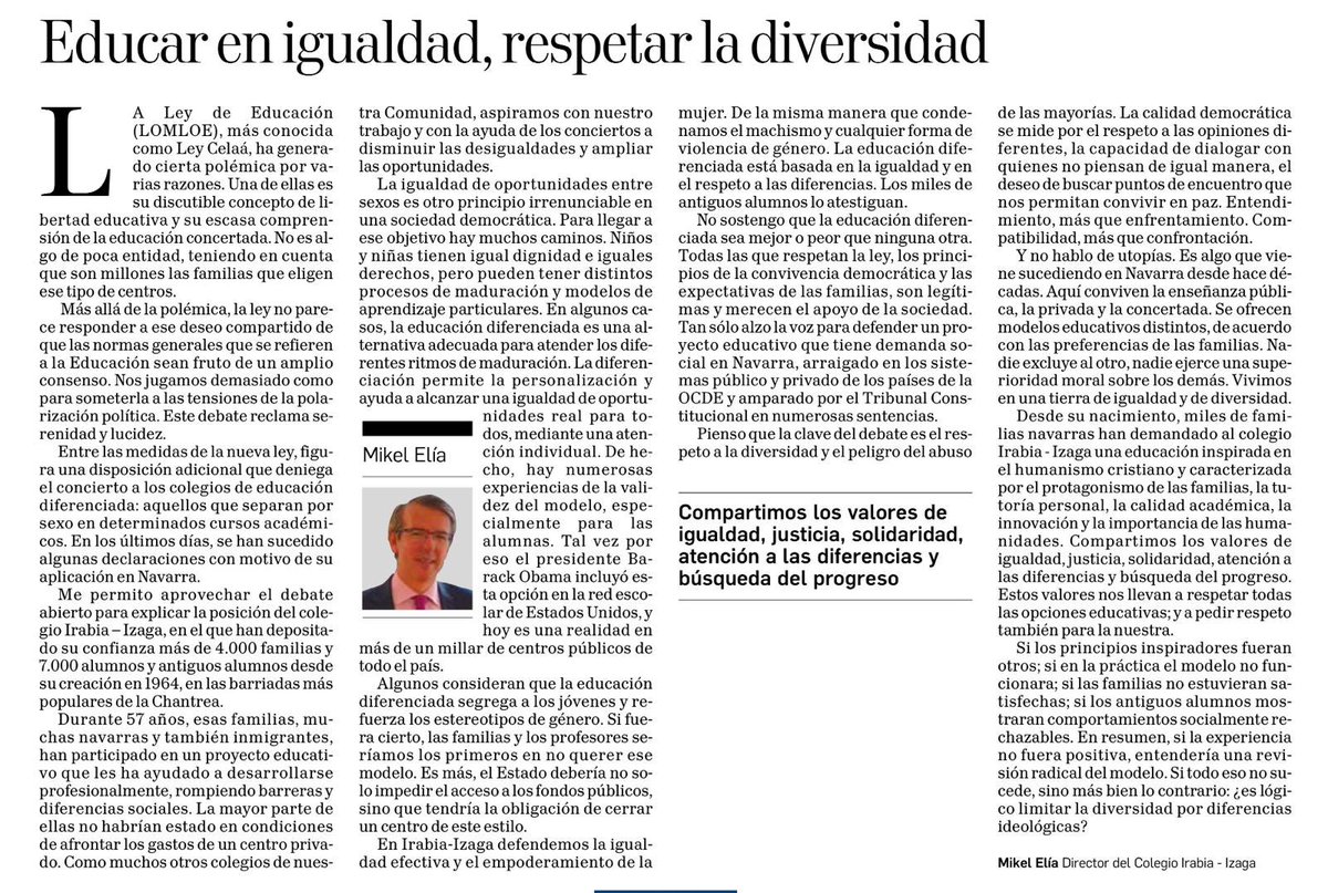 Artículo de Mikel Elía, director del colegio, en <a href="/DiariodeNavarra/">Diario de Navarra</a> sobre la educación diferenciada: educar en igualdad, respetar la diversidad.