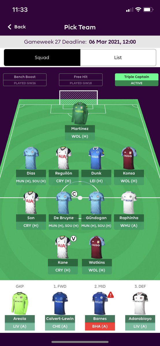 🌍 Grønne piler fra 8855 til 4732 i OR,  109 pts (-8) i gw 26.
                                                                Cancelo ➡️ Reguillon
Bruno ➡️ KDB (-4)

KDB - TC aktivert!
Vanskelige valg denne runda, elsker Cancelo, men pep roulette ødelegger for mye.