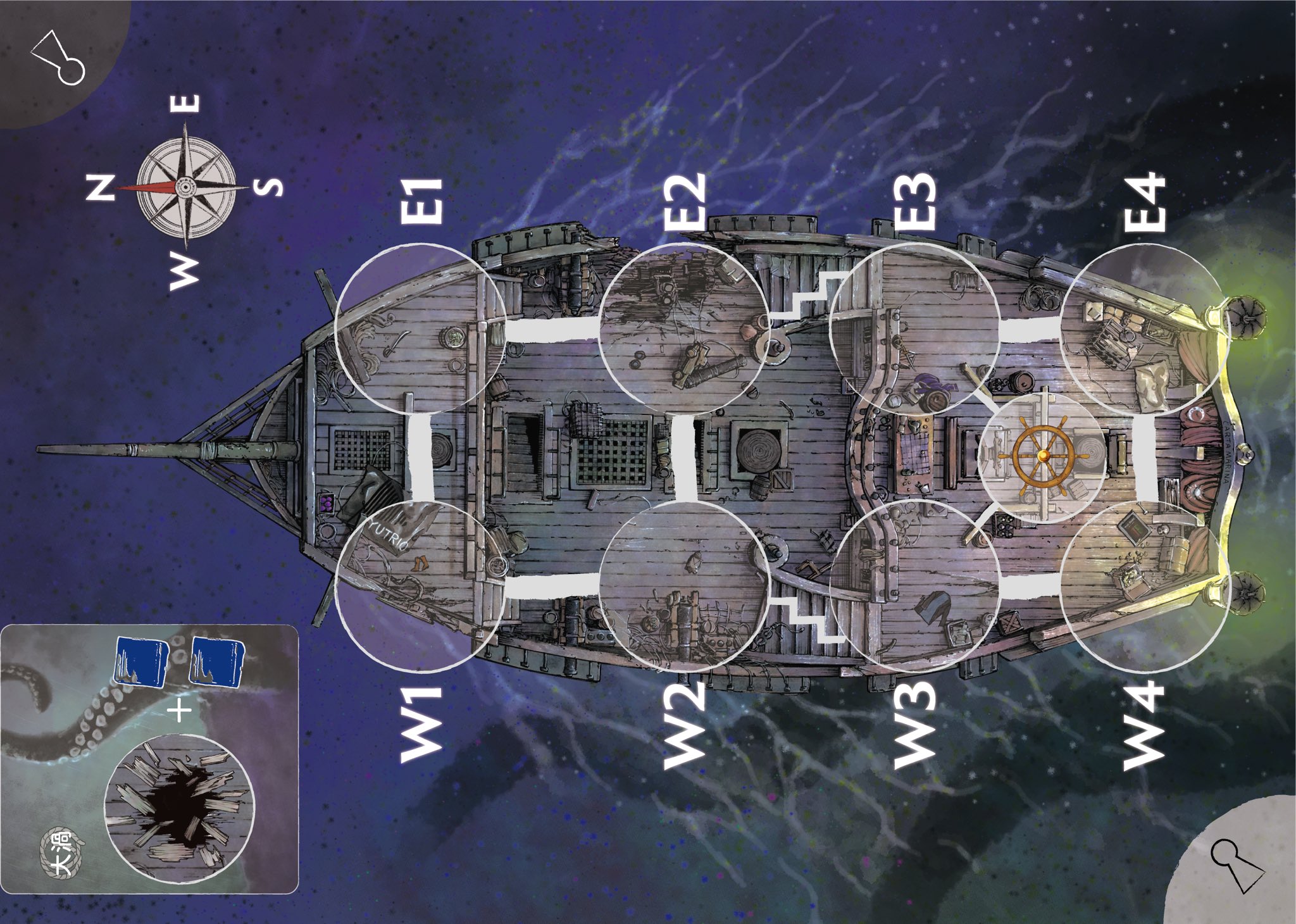 Yutrio ユトリオ 行動カード カルタマリナの基本となるカードです 全てのカードには舵輪とバケツの2つの絵が描かれていて 船を進める 操舵 と水キューブを取り除く 排水 のどちらか選んで使用できます 操舵時はカード上半分に示された方向に