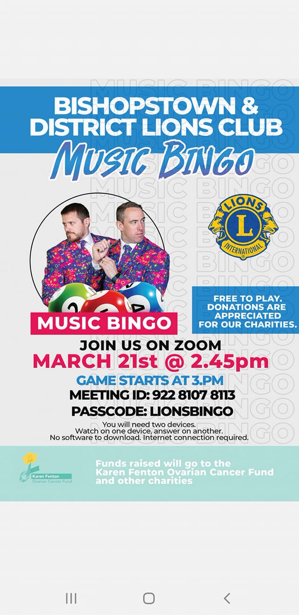 Family "Music Bingo" quiz on Sunday March 21st. Donate at gofund.me/e3b10087. Join Zoom meeting 922 8107 8113 at 2.45pm on 21st. See more details on attached poster. Many thanks to <a href="/bishopstownlion/">Bishopstown Lions</a>
and Patrick Ahern Entertainment for organising.