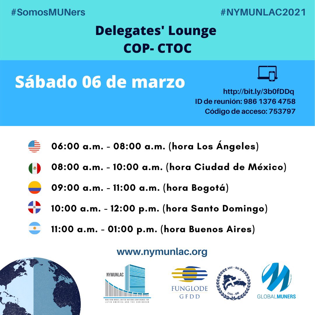 nymunlac's tweet photo. 📢 ¡Atención #MUNers!!! Aquí los horarios para el #DelegatesLounge de la #COPCTOC, el comité para educación superior, durante el sábado 06 de marzo de 2021. #NYMUNLAC2021 @CINUmexico @ONUMujeres  #SomosMUNers #ODS4 https://t.co/rZBQaP2Zcs
