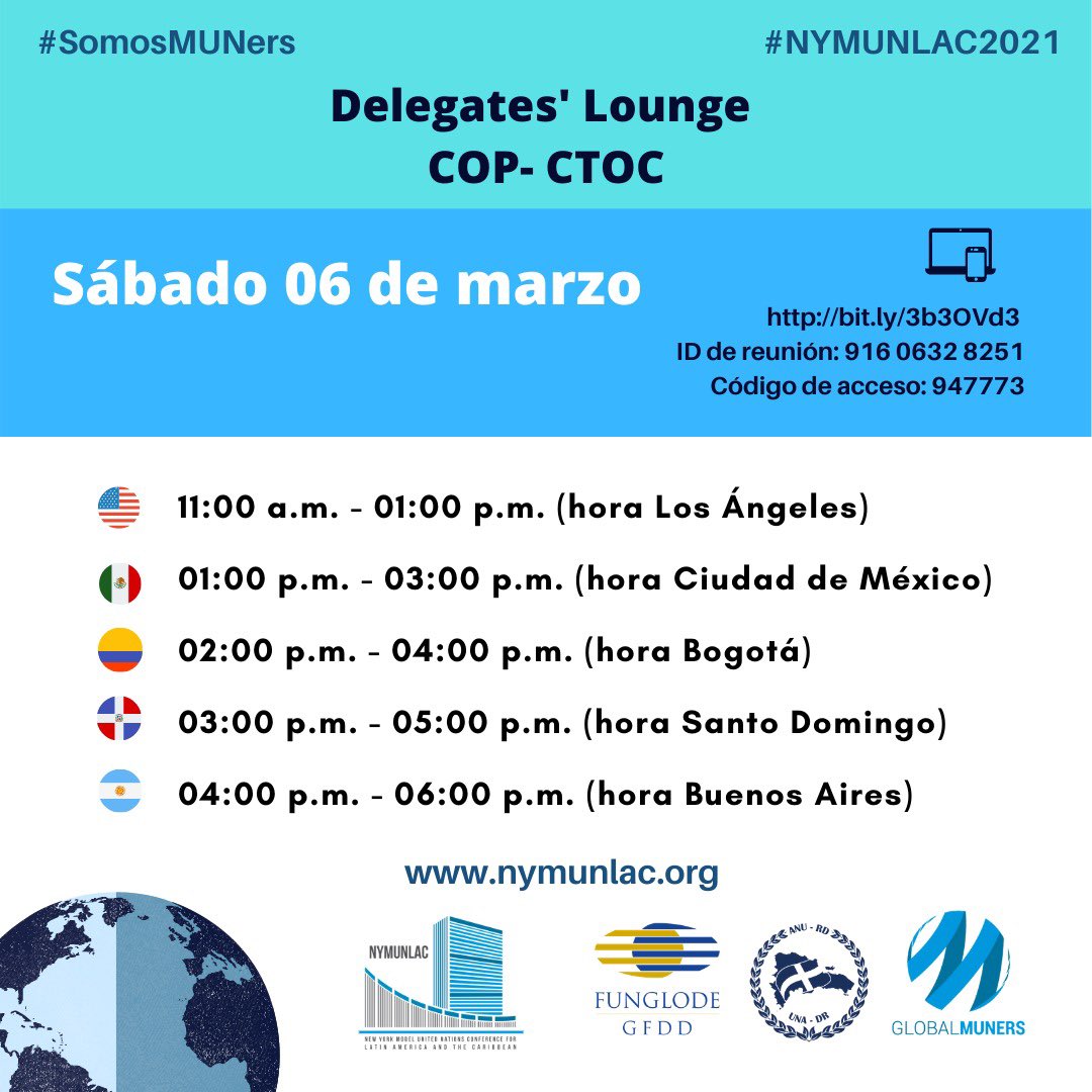 nymunlac's tweet photo. 📢 ¡Atención #MUNers!!! Aquí los horarios para el #DelegatesLounge de la #COPCTOC, el comité para educación superior, durante el sábado 06 de marzo de 2021. #NYMUNLAC2021 @CINUmexico @ONUMujeres  #SomosMUNers #ODS4 https://t.co/rZBQaP2Zcs