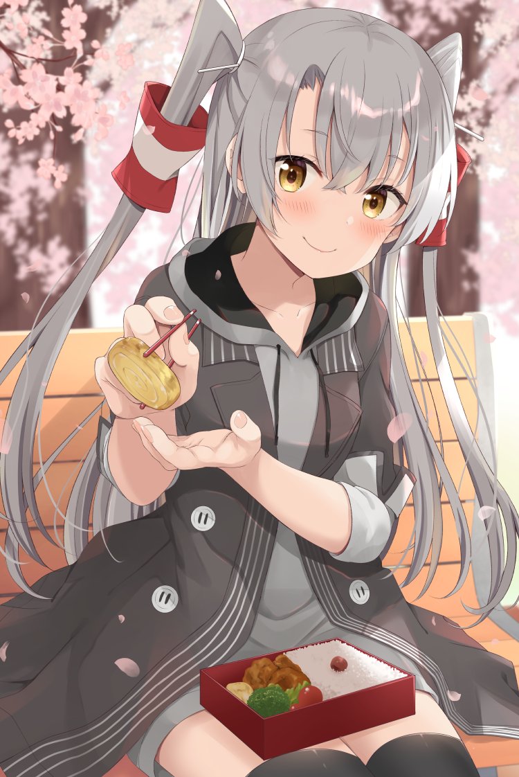 amatsukaze (kancolle) 1girl bento solo long hair cherry blossoms two side up grey hair  illustration images