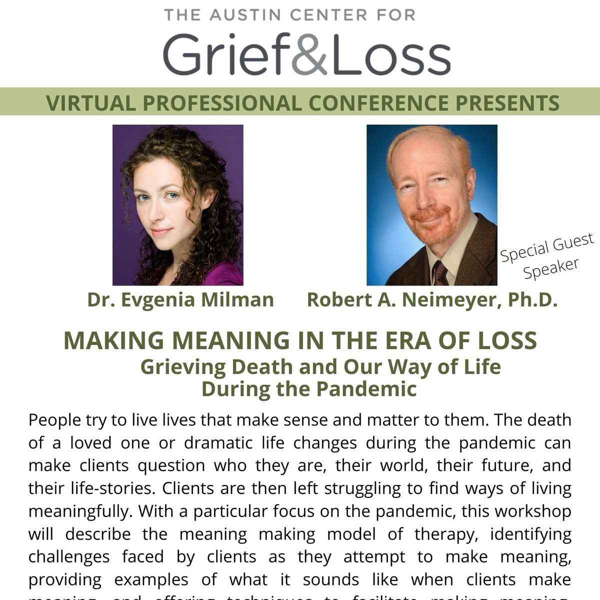 Dr Evgenia (Jane) Milman (@milmanjane) on Twitter photo NEW DATES post #Texas power crisis for our workshop with the <a href="/GriefLossATX/">Austin Center for Grief and Loss</a> on how #mentalhealth professionals can support clients struggling to find #meaning in #Grief & #loss during the #COVID19 #pandemic. The LEGENDARY Dr. Neimeyer from <a href="/PortlandLoss/">Portland Institute for Loss and Transition</a> will be a guest speaker! NEW DATES post #Texas power crisis for our workshop with the <a href="/GriefLossATX/">Austin Center for Grief and Loss</a> on how #mentalhealth professionals can support clients struggling to find #meaning in #Grief & #loss during the #COVID19 #pandemic. The LEGENDARY Dr. Neimeyer from <a href="/PortlandLoss/">Portland Institute for Loss and Transition</a> will be a guest speaker!
