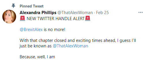 localnotail's tweet image. I see someone has already snapped up the @BrexitAlex account now that Alexandra Phillips is trying to reinvent herself as a journalist for Great Brexit News. 
Good work 👍🏽