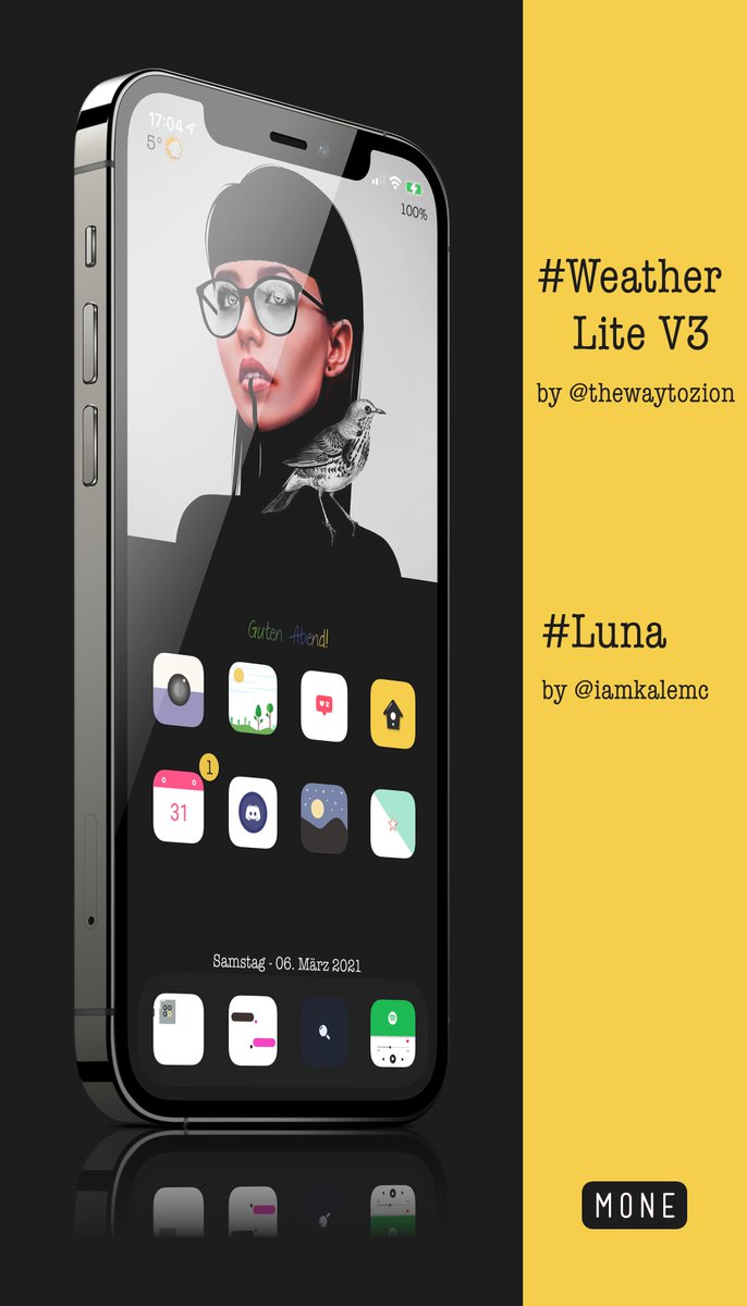 kleinmone's tweet image. My setup for today 🖤💛

WeatherLite V3 by @thewaytozion 
Icons Luna by @iamkalemc 
Graphic on my wall by Laura Rubin
Template by @screenshot_pro 

#iOS145Beta3 #nojailbreak #WeatherLiteV3 #shortcuts