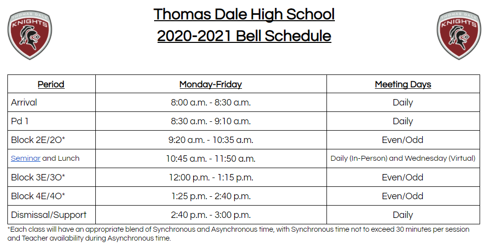 GoTDKnights's tweet photo. Here is our bell schedule beginning March 9. The only change is the Seminar time. Seminar teachers will communicate with their Seminar class on the exact time.
#EveryKnightEveryDay #Onward https://t.co/V39IboMLKH