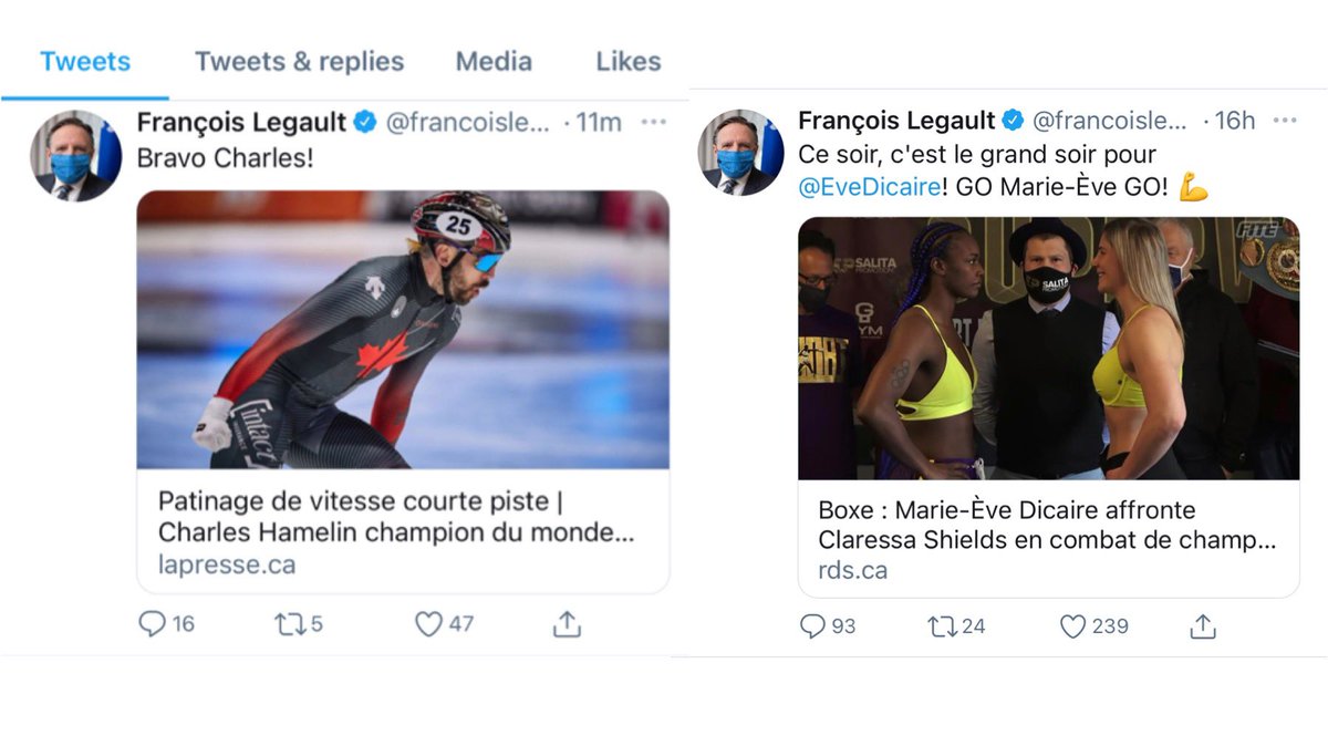 Guzzo_Vincenzo's tweet image. Oui à la promotion de nos athlètes. Mais quand je vois que les 2 derniers tweets de @francoislegault sont pour des évènements ayant lieu à l’étranger (Pays-Bas, ÉU) pendant qu’il interdit aux Québécois de faire du sport... C’est... cheap en maudit et incohérent!
