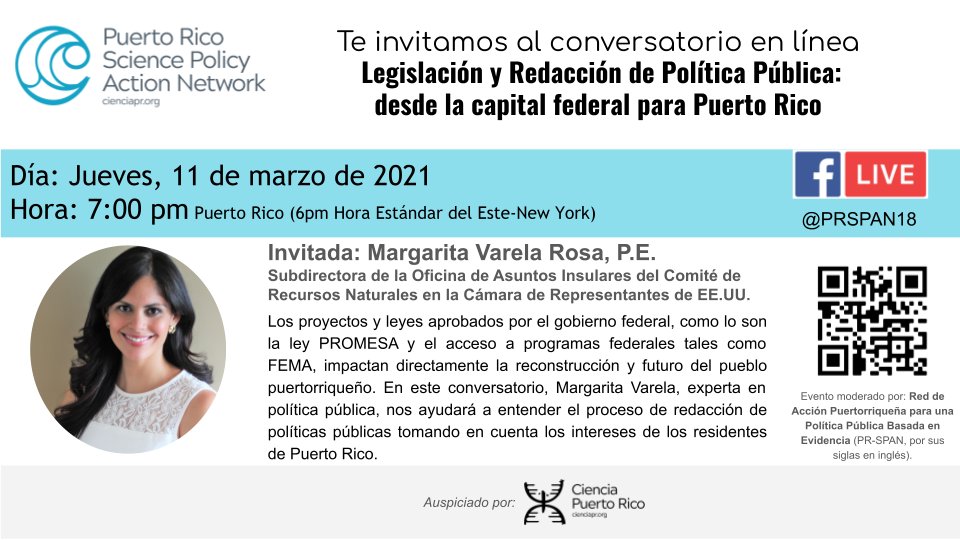 Puerto Rico Science Policy Action Network (@prspanetwork) on Twitter photo Este 11 de Marzo a las 7pm (hora P.R.) conversaremos con <a href="/MVarelaRosa/">Margarita Varela Rosa</a>, Subdirectora de Asuntos Insulares del <a href="/NRDems/">Natural Resources Democrats</a>. Discutiremos su trayectoria, y el proceso de legislación y redacción de políticas públicas para Puerto Rico desde D.C. ¡Acompáñanos!
fb.me/e/1ejfj2Q0D Este 11 de Marzo a las 7pm (hora P.R.) conversaremos con <a href="/MVarelaRosa/">Margarita Varela Rosa</a>, Subdirectora de Asuntos Insulares del <a href="/NRDems/">Natural Resources Democrats</a>. Discutiremos su trayectoria, y el proceso de legislación y redacción de políticas públicas para Puerto Rico desde D.C. ¡Acompáñanos!
fb.me/e/1ejfj2Q0D