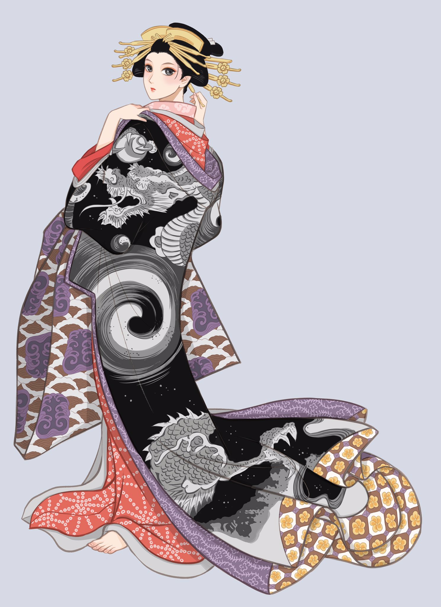 撫子凛 新刊執筆中 吉原の花魁 玉屋濃紫さん 水墨画のような龍が描かれた打掛が凄いインパクト 着こなすにはかなりの美貌と貫禄が必要 打掛の下は 紅地に麻の葉鹿の子の着物 青海波と波文様の帯を一つ結びにしています 菊川英山 源氏八景 明石帰帆