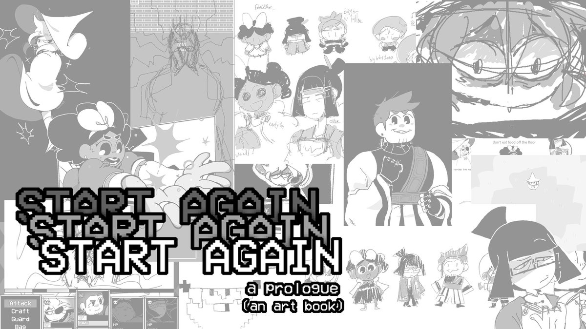 START AGAIN: a prologue (an artbook) is now available!!! 39 pages of concept art and wips and lil character facts! (has spoilers though-- i recommend getting the True Ending before reading!)
✨⬇️Link in the replies!!!⬇️✨