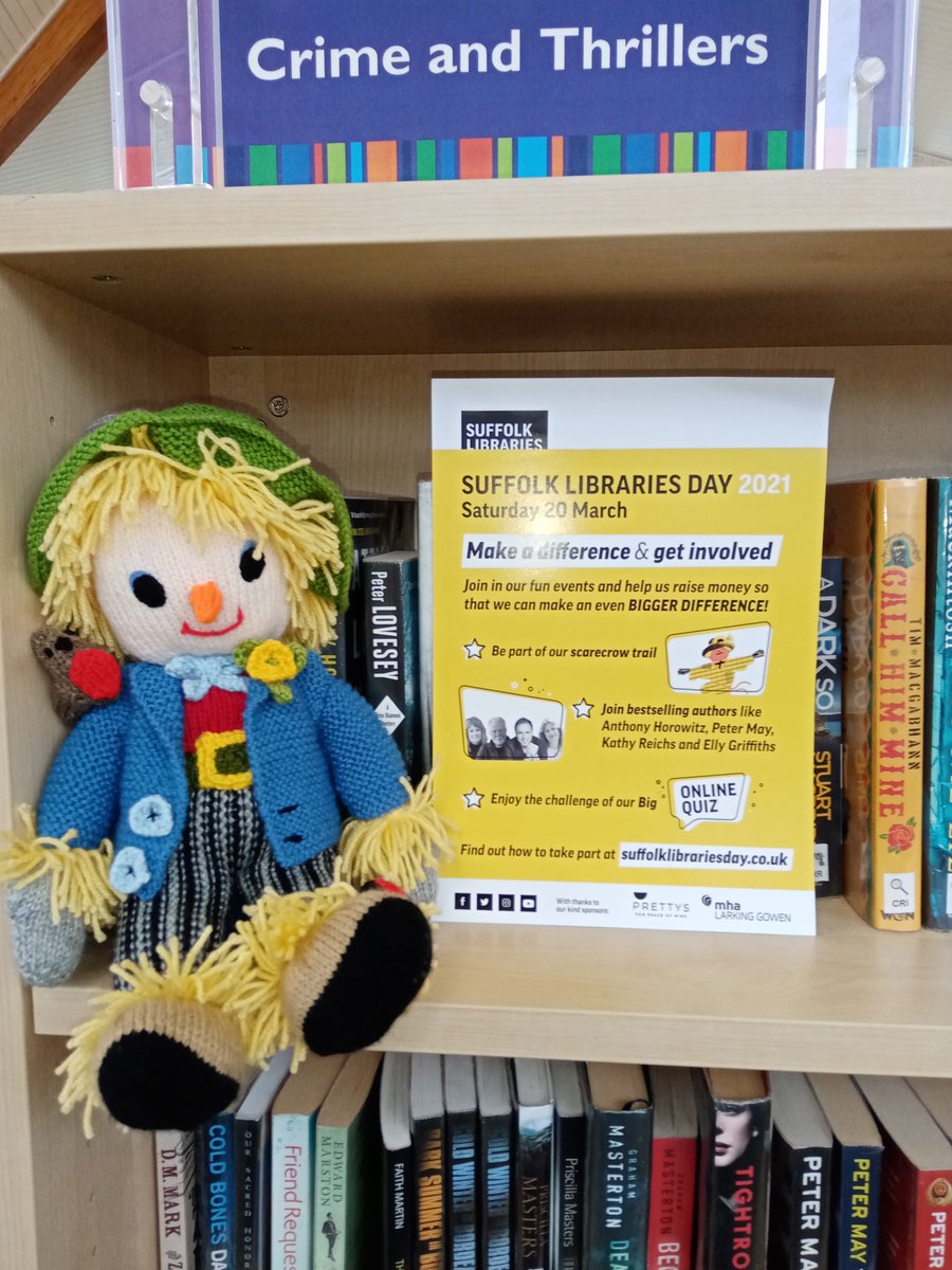 Aldeburgh Scarecrow is  looking into our crime section! He's also hoping to remind you how to get involved with Suffolk Libraries Day 😊❤️