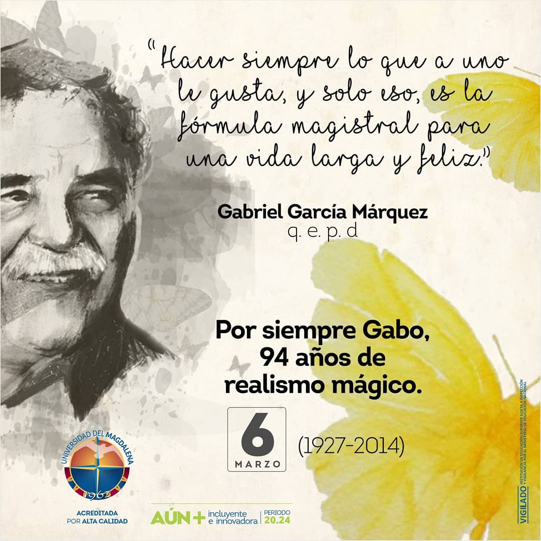 DesarrolloEstu2's tweet photo. “Hacer siempre lo que a uno le gusta, y solo eso, es la fórmula magistral para una vida larga y feliz”, Gabriel García Márquez.

#94AñosGabo
#PorSiempreGabo
#NatalicioGabo https://t.co/CKd9ofiFhy