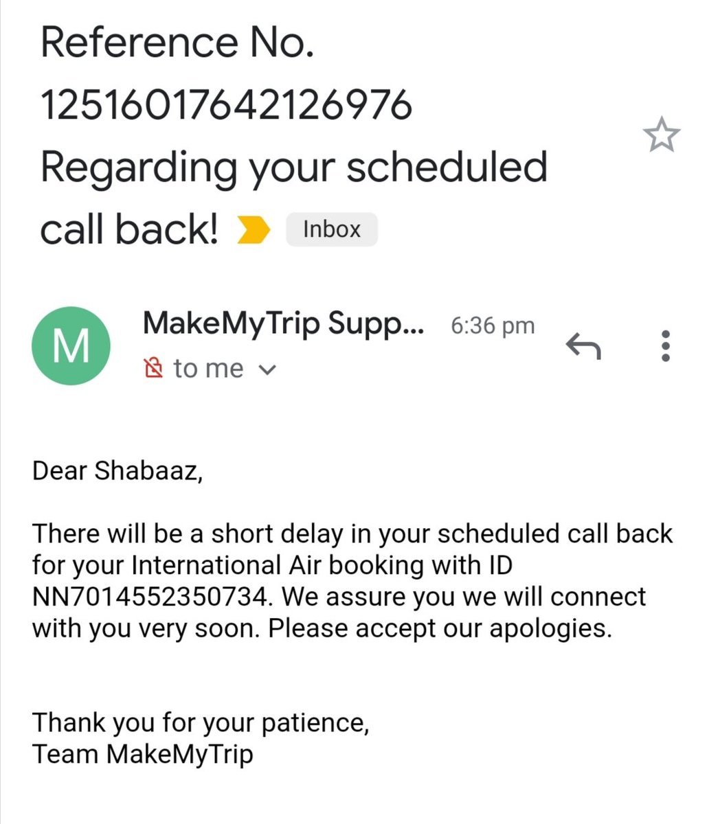 shabaazs's tweet photo. @makemytripcare done and also placed a request for rebooking or cancellation through the app again for booking id: NN7014552350734, either way works well for me. https://t.co/GhU97rWtzB