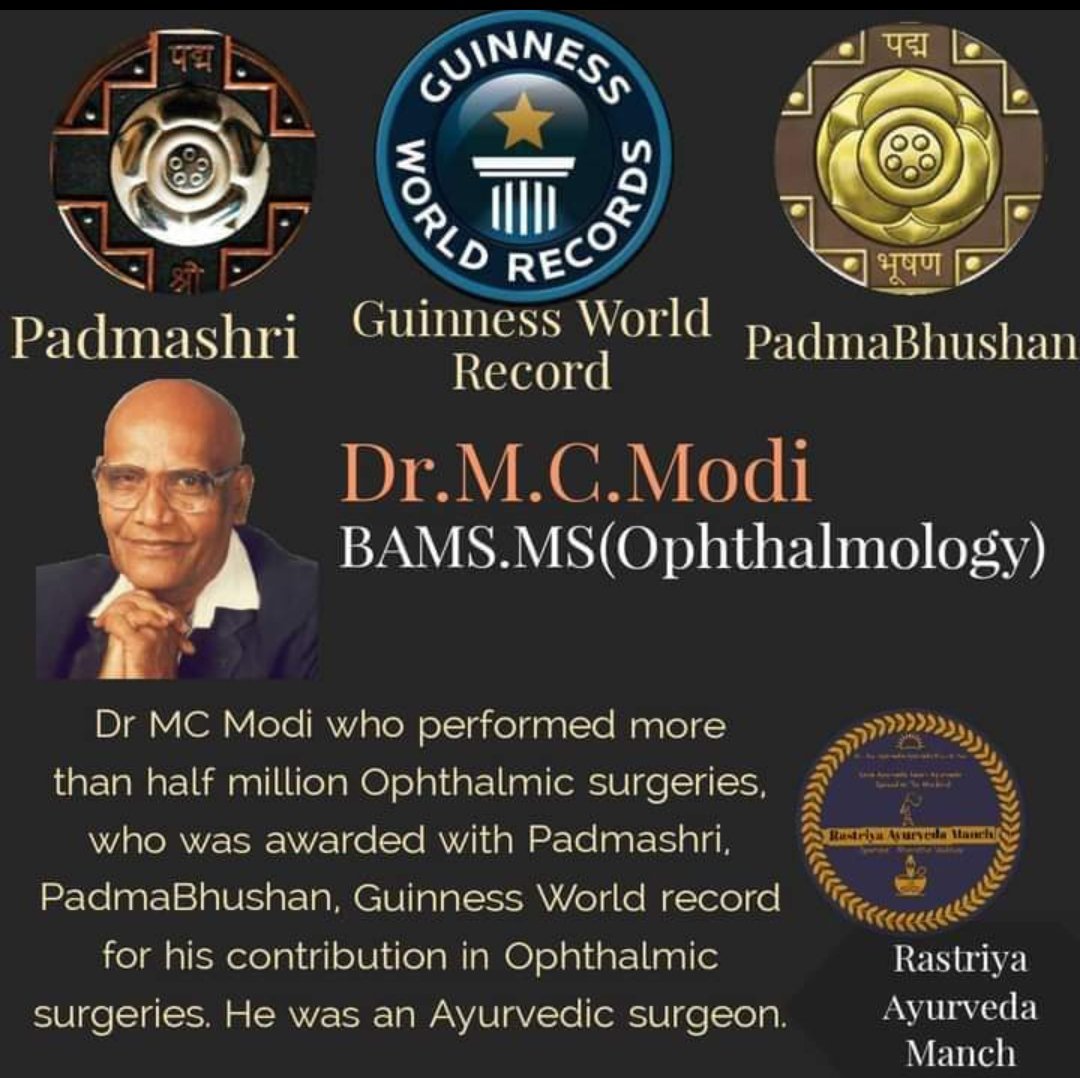 Bams_doctors's tweet photo. Dear #doctors who underestimate Surgery in Ayurveda..this post is telling you something.
Dr MC Modi has performed 708,000 Ophthalmic surgeries, he was graduated from Kankanwadi Ayurvedic college belgaon, Karnataka.
#Pride of #Ayurveda
#BAMS #opthalmology #medtwitter https://t.co/gDv8k9GE94