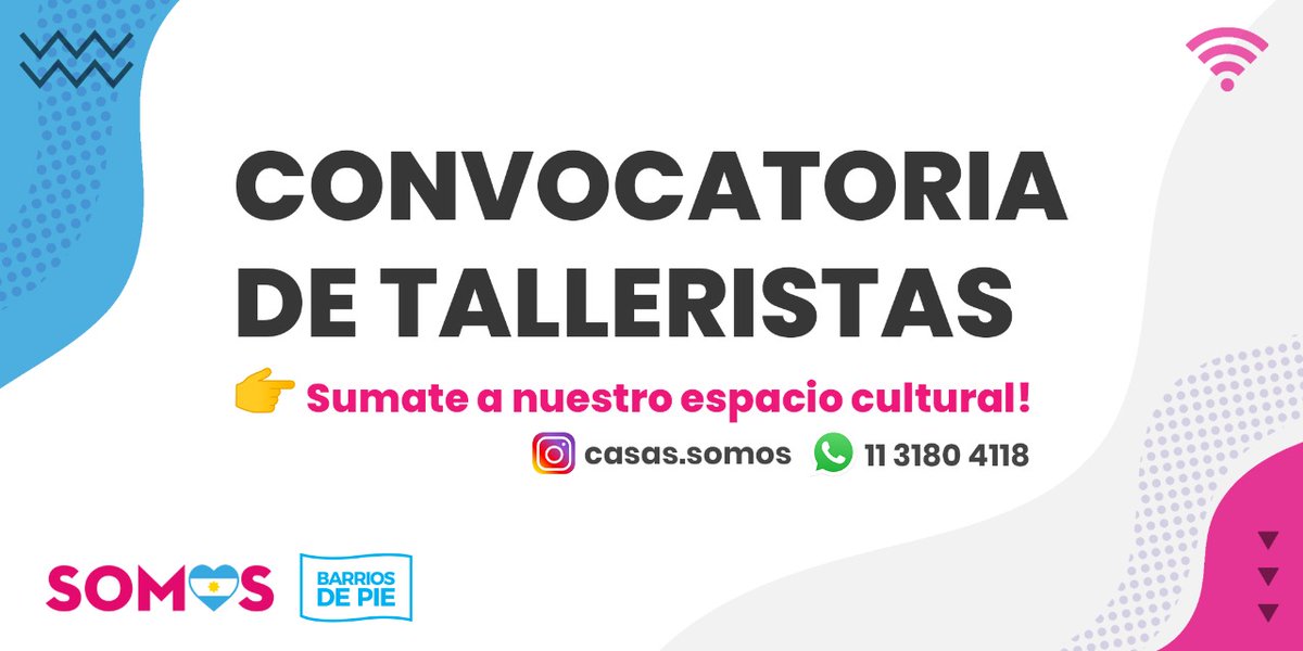 CONVOCATORIA A TALLERISTAS🎉

🎉Ya está abierta la convocatoria a talleristas para el espacio Casa Somos en Colegiales (Teodoro García 2824), Caballito (Fragata Sarmiento 616) y Villa Crespo (Acevedo 118).

👉Si tenés algún taller para dar, no dudes en contactarnos!