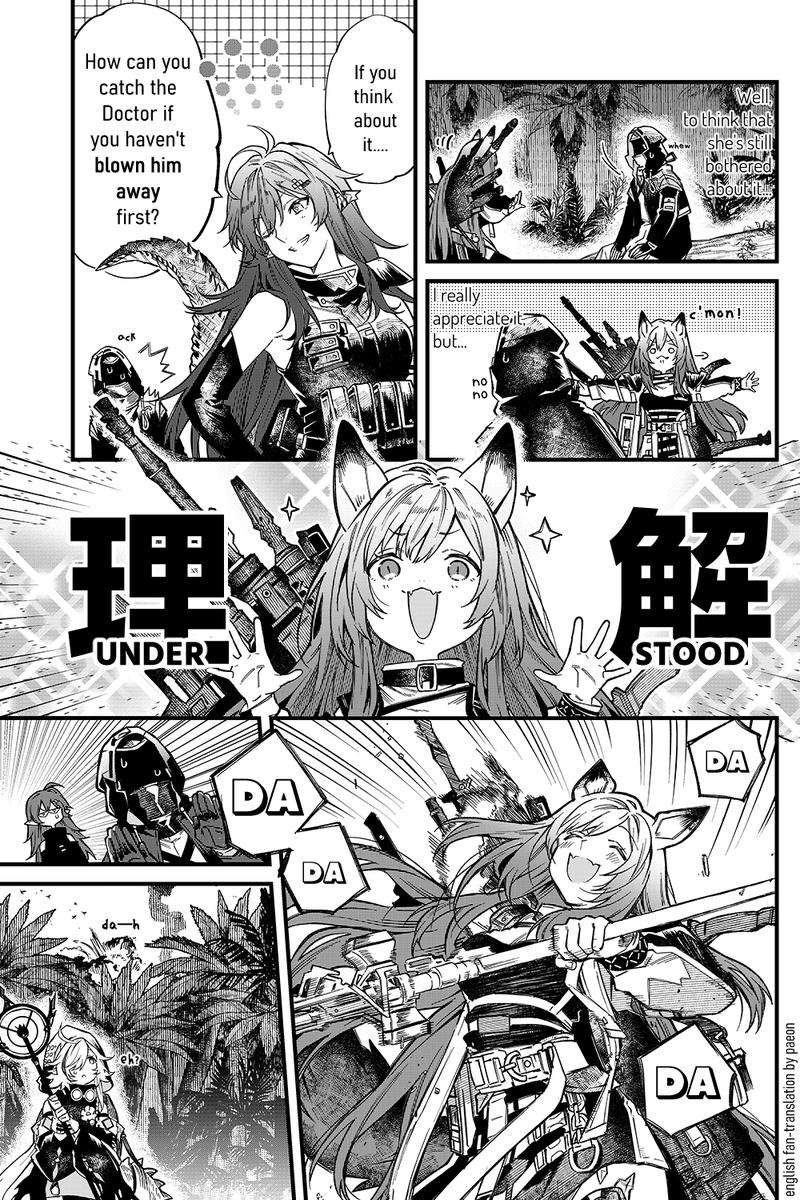 English Fan translation of [Arknights OPERATORS!]
Special Episode "The Great Chief Returns!" 1
(Official Arknights JP Twitter comic)

? Doctor! Even if you come flying at me with a BOOM I'll catch you! 