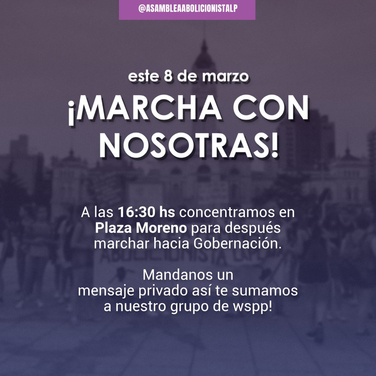ESTE 8M SUMATE A LA MARCHA CON NOSOTRAS

-16:30 concentramos en Plaza Moreno 
-No olvides barbijo y alcohol en gel
Manda un dm y te agregamos al grupo de wspp para compartir la info necesaria

Contra toda explotación económica y sexual, este 8M será abolicionista