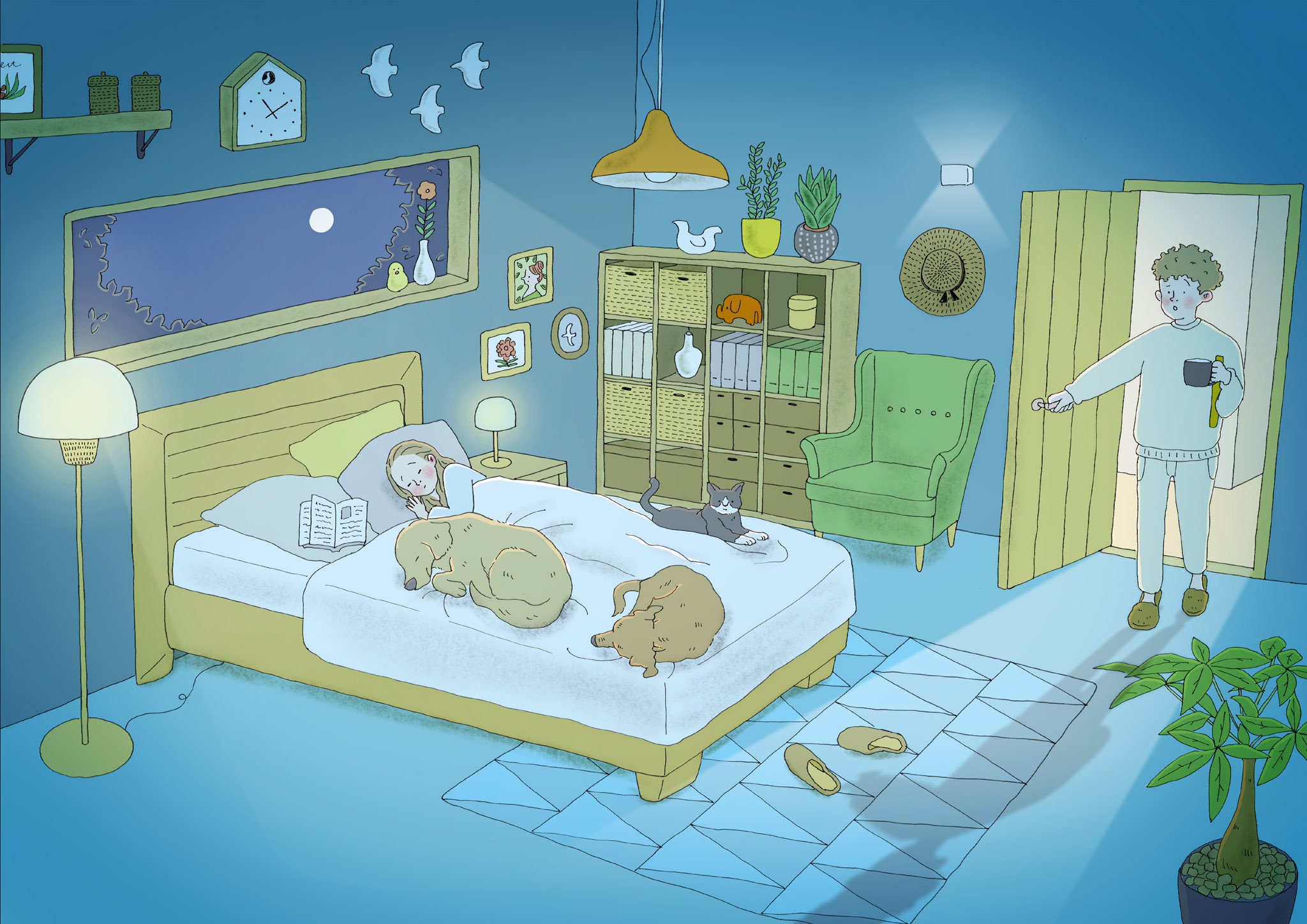 髙田 知香 Takada Chika 先客あり 部屋イラスト インテリアイラスト カップルイラスト 犬のいる暮らし 寝室は間接照明 Illustration 線画 絵本 T Co 0i9cqav4co Twitter
