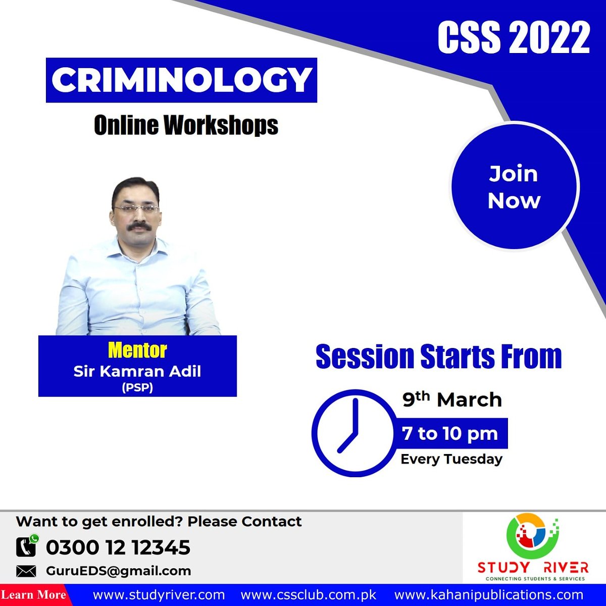 Maha61818356's tweet image. Under the supervision of one of the best mentors for Criminology, Study River is going to start a new session of CRIMINOLOGY for CSS-2022.

Mentor: Kamran Adil (PSP) 
session start from 9th March 
Time: 7 pm
For further details contact at *0300 12 12345*
#PMS 
#css 
#studyriver