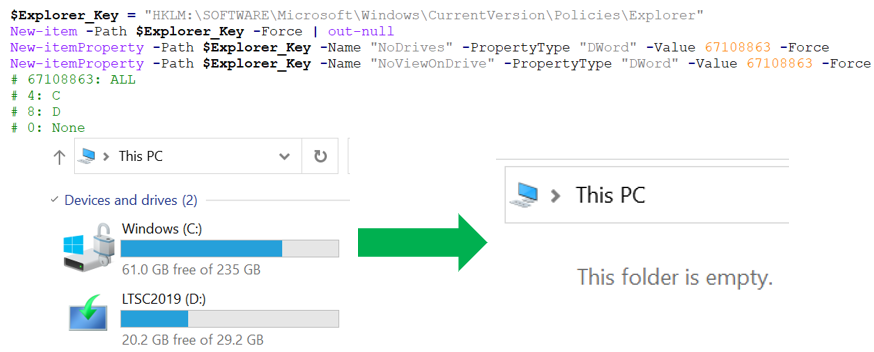 syst_and_deploy's tweet image. You can easily hide and prevent access to a specific drive or all drives with PowerShell and Registry or GPO
#powershell #powershelltips #PS1Tips #WindowsTips