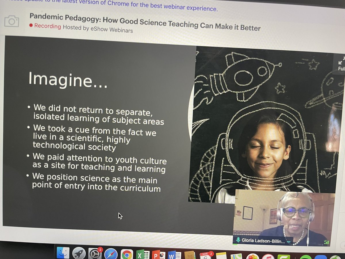 richbacolor's tweet photo. Dr. Gloria Ladson-Billings asks “Can you imagine science as the center of the curriculum?” I can, GLB! #WeRise #MSTA2021 https://t.co/zaNwmwNltB