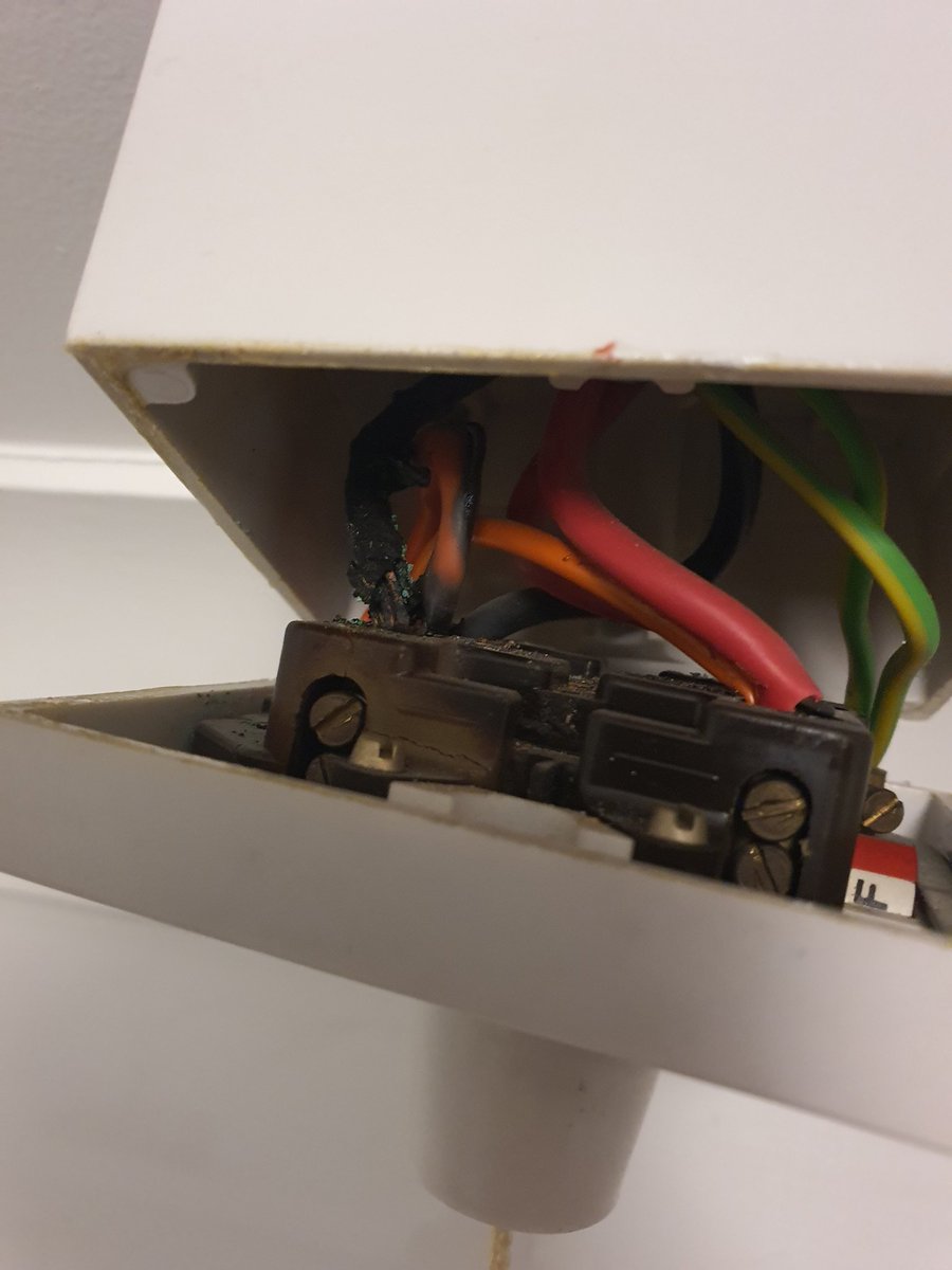 Today's find on an EICR. Tenant never pulled the shower switch so didn't know it had burnt out. Lose neutral resulting in over heating and arcing. Another example of why we conduct EICR's and landlord safety inspections.