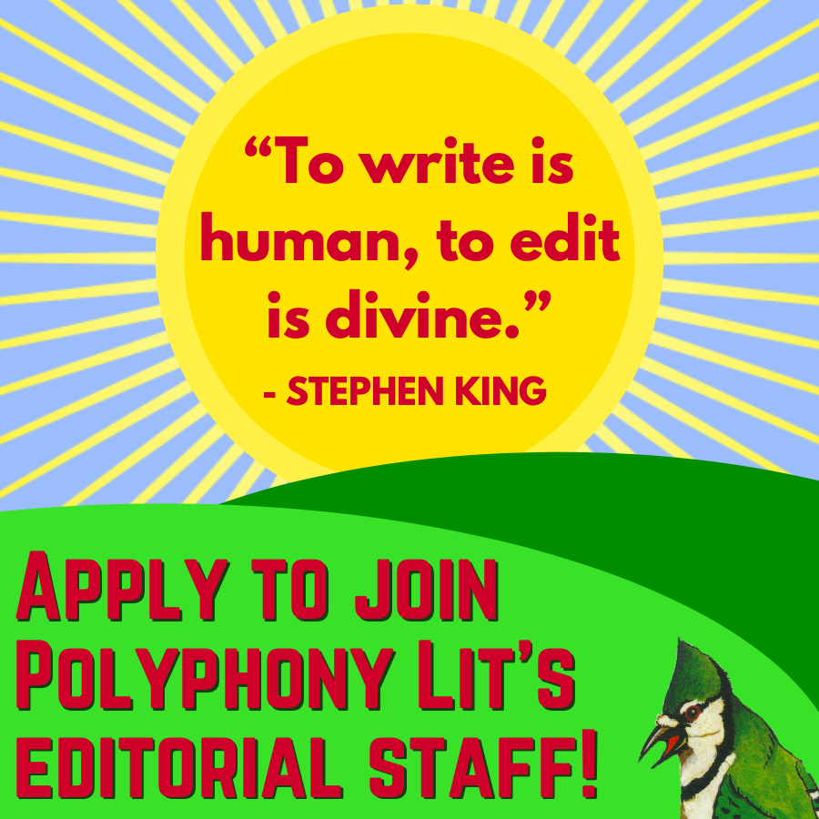 polyphonylit's tweet photo. We want you! If you're a high school student interested in editing, consider joining our staff. All levels of experience are welcome - from beginner to expert! Visit https://t.co/N6QhsrRS8z to learn more.
📚✏️🌞
•
#litmag #editing #stephenking #zine #highschoolwriters https://t.co/KpoId0d8bc
