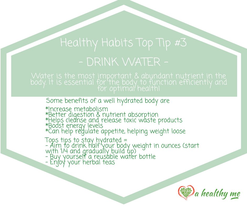 Welcome to my Healthy Habits top tips, week #3.  Drink water daily, everyday! SO many incredible health reasons to stay hydrated.  

#ahealthyme #healthyhabits #water #consistency #selfcare #health #wellbeing #toptips #dosomethinggoodeveryday