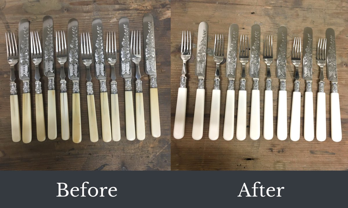 HospitalCutlery's tweet photo. One of our favourite recent restorations is this stunning set of #cutlery - our team of #craftsmen carefully repaired the broken handles with new dishwasher safe ones and gave the stubs and blades a new lease of life!

#TLC #restore #cutleryhospital #repair #madeinsheffield https://t.co/6yAqEGizJE