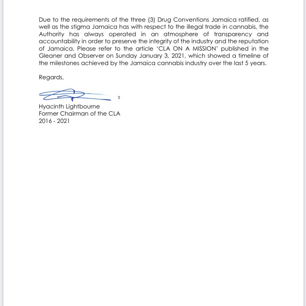 HerbJamaica's tweet photo. A Letter to the Editor of The Jamaica Gleaner from Hyacinth "Cindy" Lightbourne, Former Chairman of the CLA 2016-2021

#CannabisLicensingAuthority #CLAJamaica #AudleyShaw #MICAF #GanjaTrain #Cannabis #Marijuana #Hemp #JamaicanGanja  #CannabisRegulation #Export #Import https://t.co/wCXVfAhvWk