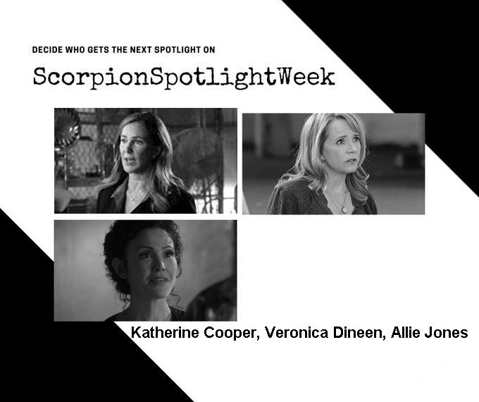 SaveScorpionAct's tweet photo. #TeamScorpion It is time to pick the #ScorpionSpotlightWeek character for March! The theme is Women of Scorpion! The others had weeks so we have Allie, Katherine Cooper &amp; Veronica as choices for this month! Please vote and RT this! Poll pined on @DouglasHespelt 
#SaveScorpion https://t.co/tCqCTrvibx