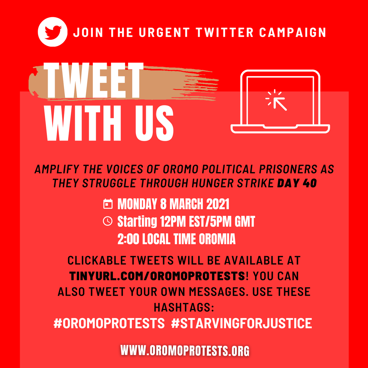 oromoprotestsHQ's tweet photo. Monday will mark DAY 40 of the hunger strike by Oromo political prisoners incl @Jawar_Mohammed &amp; Bekele Gerba. They're all in CRITICAL condition. Join us in this urgent 3-in-1 campaign starting Monday March 8th. Tag 5 friends below, &amp; retweet! #StarvingForJustice #OromoProtests https://t.co/sHSKEvV1YV
