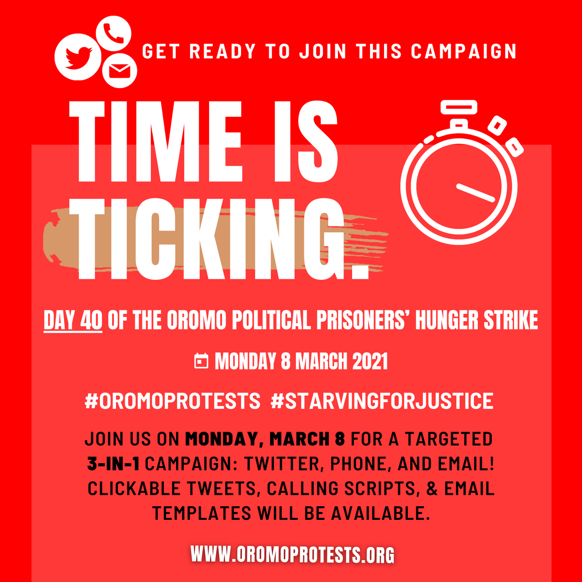 oromoprotestsHQ's tweet photo. Monday will mark DAY 40 of the hunger strike by Oromo political prisoners incl @Jawar_Mohammed &amp; Bekele Gerba. They're all in CRITICAL condition. Join us in this urgent 3-in-1 campaign starting Monday March 8th. Tag 5 friends below, &amp; retweet! #StarvingForJustice #OromoProtests https://t.co/sHSKEvV1YV