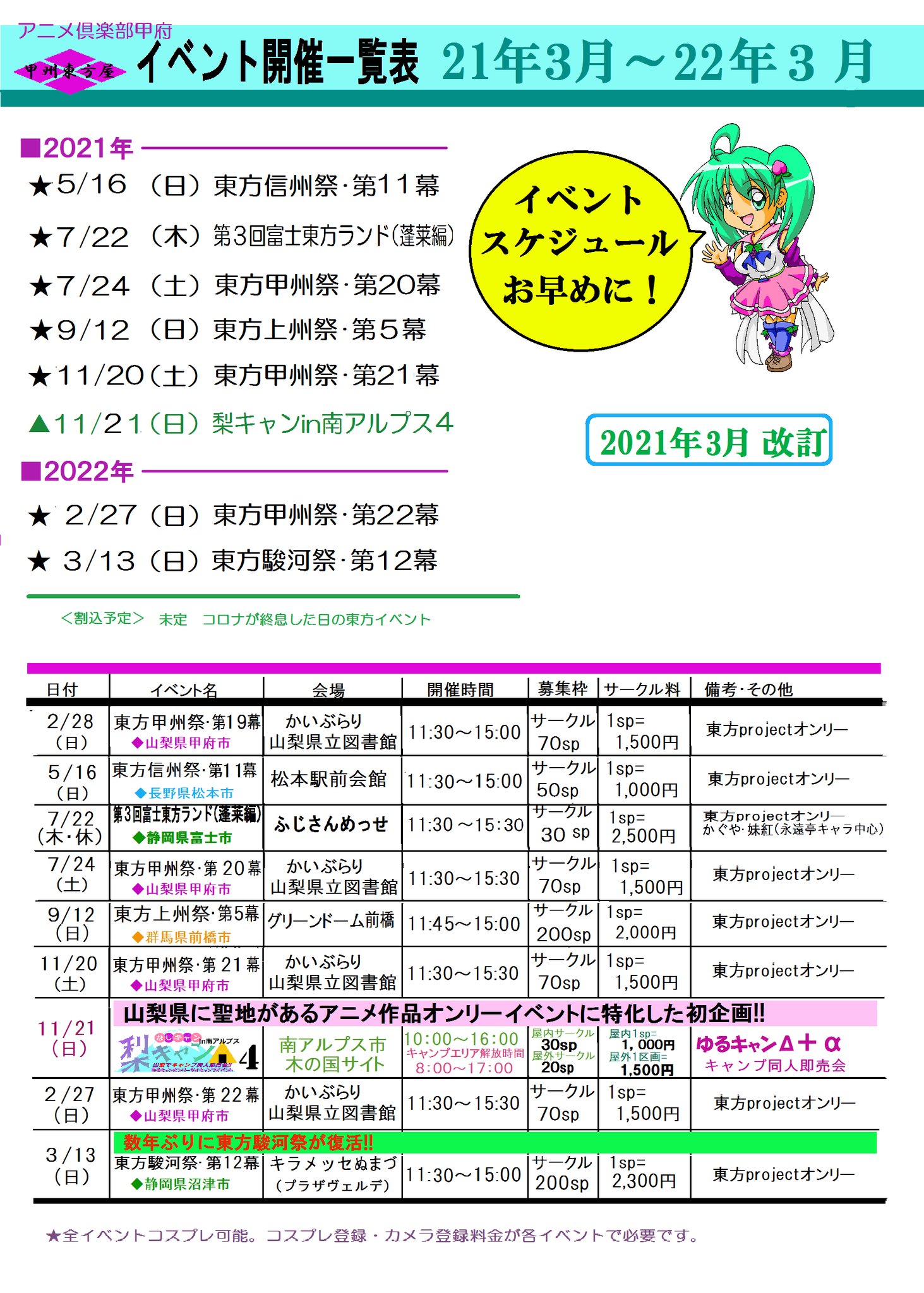 甲州東方屋公式 アニメ倶楽部甲府 ３月改訂 イベントスケジュール 公開 そして 7月22日は久しぶりの静岡県でイベントです 規模こそ小さいですが 富士東方ランドの参加申込をお待ちしてます T Co Guomidqywu Twitter