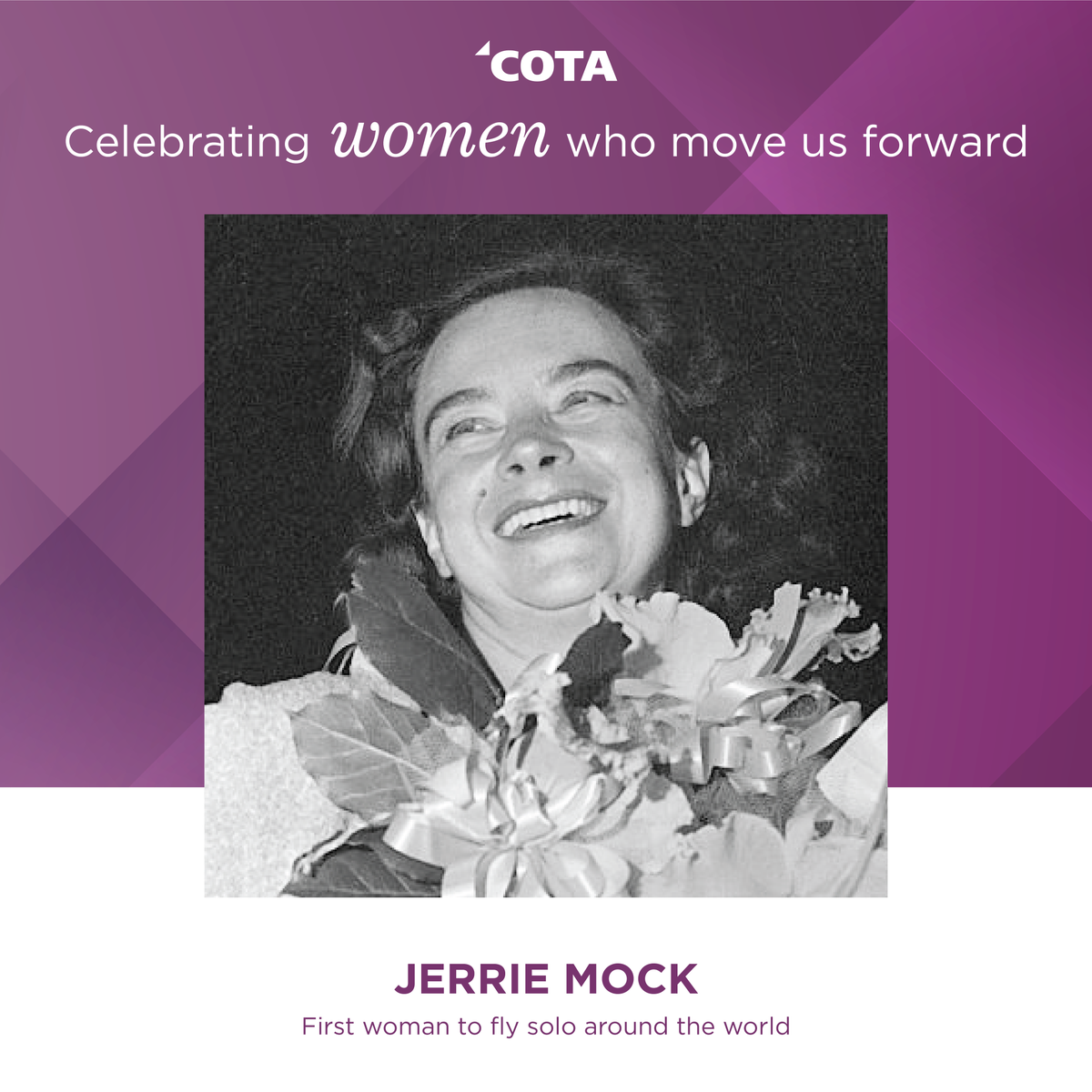 Geraldine “Jerrie” Mock was 7 years old when she first joined her father in an airplane cockpit and her dreams of becoming a pilot took flight. In 1964, Jerrie flew solo around the world, covering 22,860 miles in 29 days. #WomensHistoryMonth #WomensHerStoryMonth