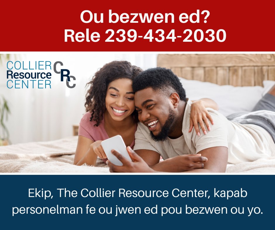 CollierCenter's tweet image. Ou bezwen ed? Ekip, The Collier Resource Center, kapab pèsonèlman fè ou jwen èd pou bezwen ou yo: (239) 434-2030.#naplesfl #immokalee #goldengateparksf #swflstrong #colliercounty #naplespark #swfl