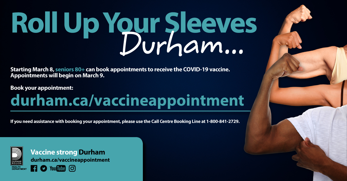 Starting March 8, seniors 80+ can book appointments to receive the #COVID19. 

👉 Book online: durham.ca/vaccineappoint…
👉 If unable to book online, call: 1-800-841-2729

Appointments begin March 9. Learn more durham.ca/covidvaccines #RollUpYourSleevesDurham #VaccineStrongDurham