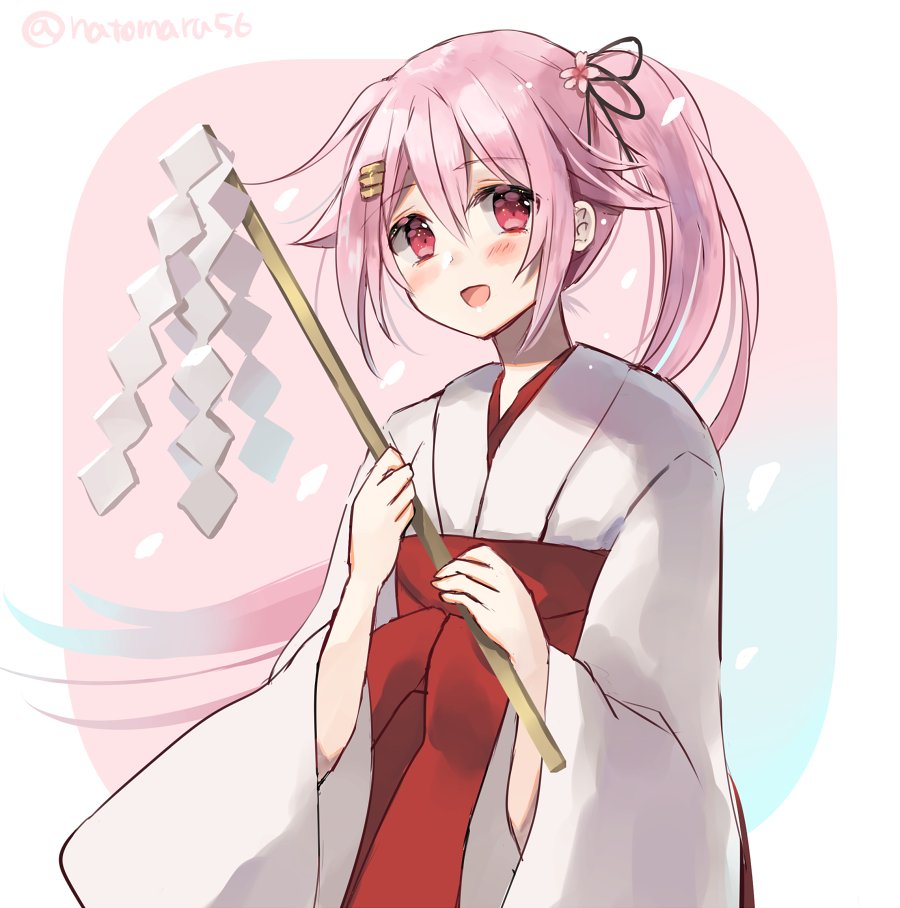 harusame (kancolle) 1girl solo japanese clothes pink hair miko gohei side ponytail  illustration images