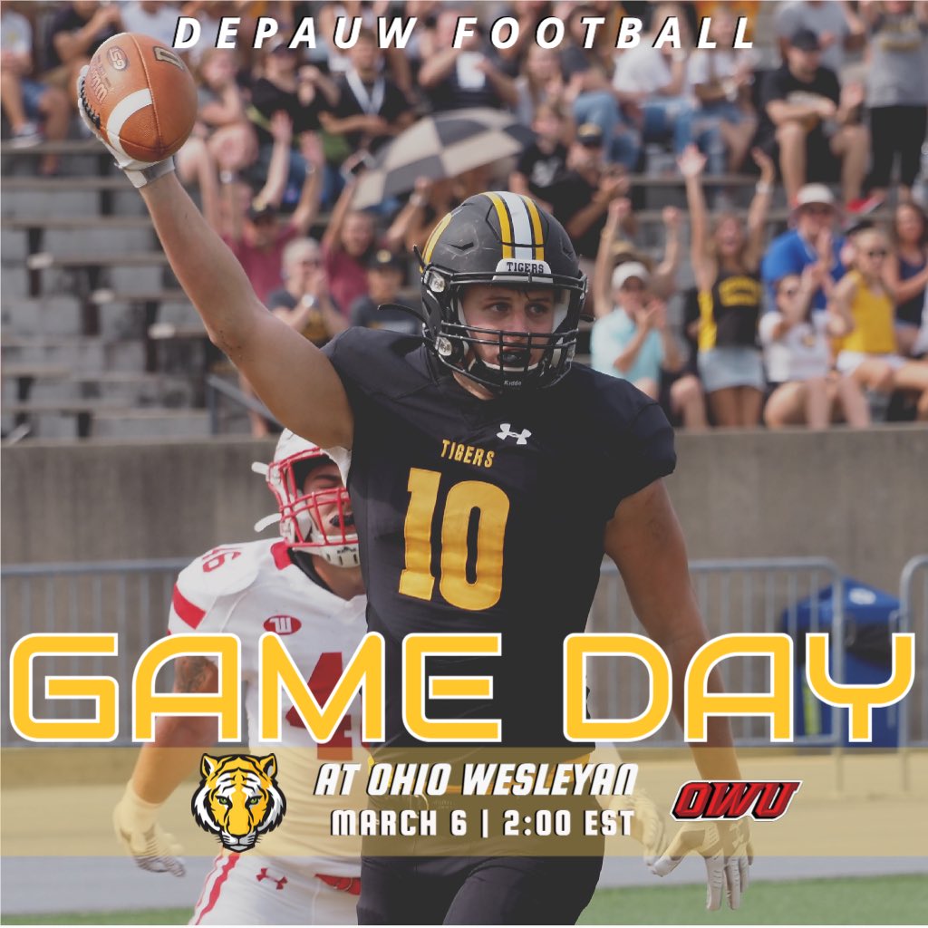 This afternoon the @DePauwTigersFB team travel to Delaware, Ohio to face OWU at 2 pm EST. For links to stream the game and access live stats click the links below. 📺/📈 : bit.ly/TigsFBvsOWU #TeamDePauw #RollTigs