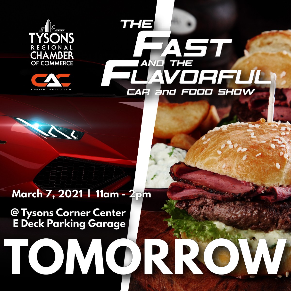 TysonsChamber's tweet photo. Can’t wait for The Fast and The Flavorful Car and Food Show TOMORROW, March 7! 

Join us at Tysons Corner Center from 11am-2pm for an amazing day of food and cool cars. 🙌 😎 

See you soon! #FastandFlavorful2021 @VisitFairfax 
https://t.co/W5WFJcTMRt https://t.co/T2txvXrWZ5