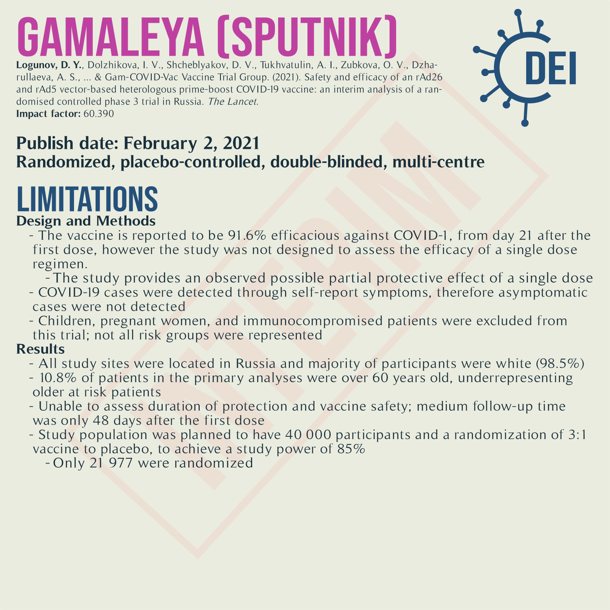 Covid19_DEI's tweet image. *VACCINE REVIEW*
Our outline, appraisal, and limitations for #Gamaleya’s interim report of their #COVID19 vaccine #Sputnik. Subscribe for future COVID-19 vaccine/treatment RCT updates at CDEI.ca! 

#RCT #MedTwitter #TwitteRx #clinicatrial #NurseTwitter #Gamaleya