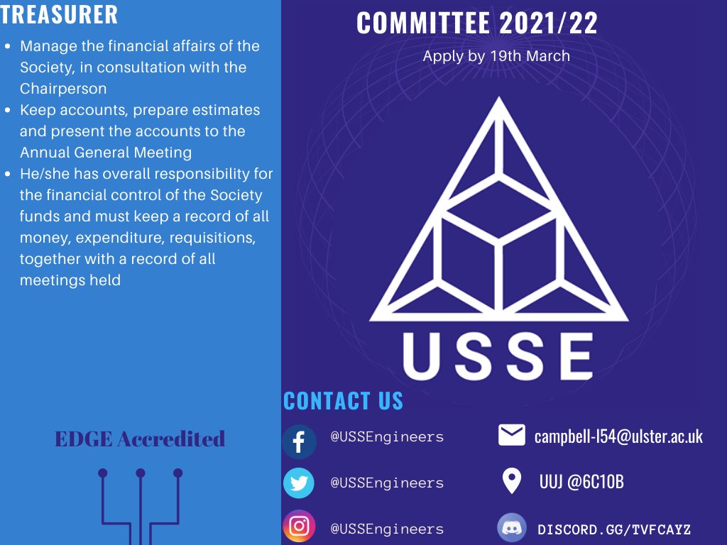 USSE (@ussengineers) on Twitter photo Become one of the new generation of Committee members for the next 2021-2022 Academic year!
Voting will be held at our AGM Wednesday 24th March!
Submit your manifesto to campbell-l54@ulster.ac.uk Become one of the new generation of Committee members for the next 2021-2022 Academic year!
Voting will be held at our AGM Wednesday 24th March!
Submit your manifesto to campbell-l54@ulster.ac.uk