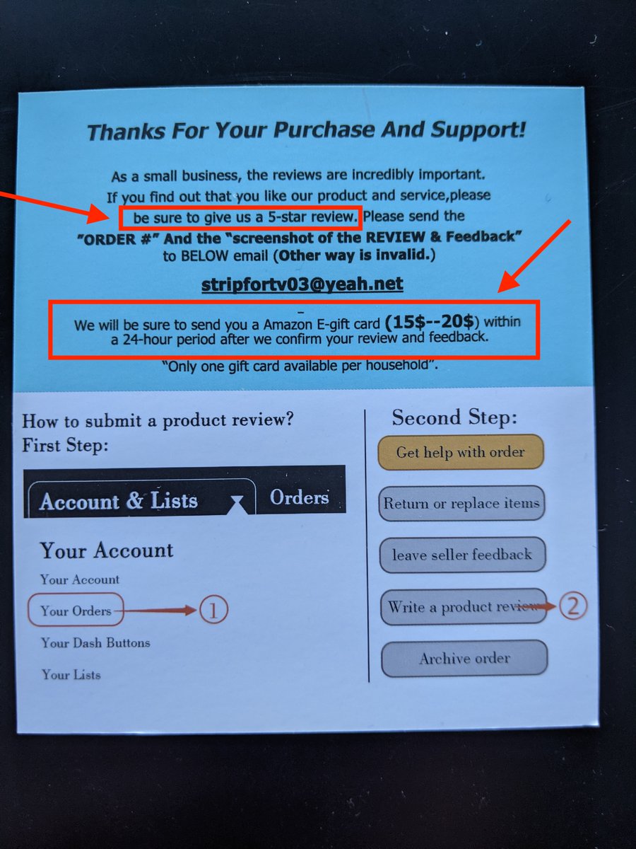 ReviewMeta's tweet image. Does anyone else feel like EVERY purchase on @Amazon these days comes with a bribe for a 5-star review?

"Please Do Not post images about this rebate activity in your review content and Please Do Not mention this card through Amazon message otherwise it is invalid"