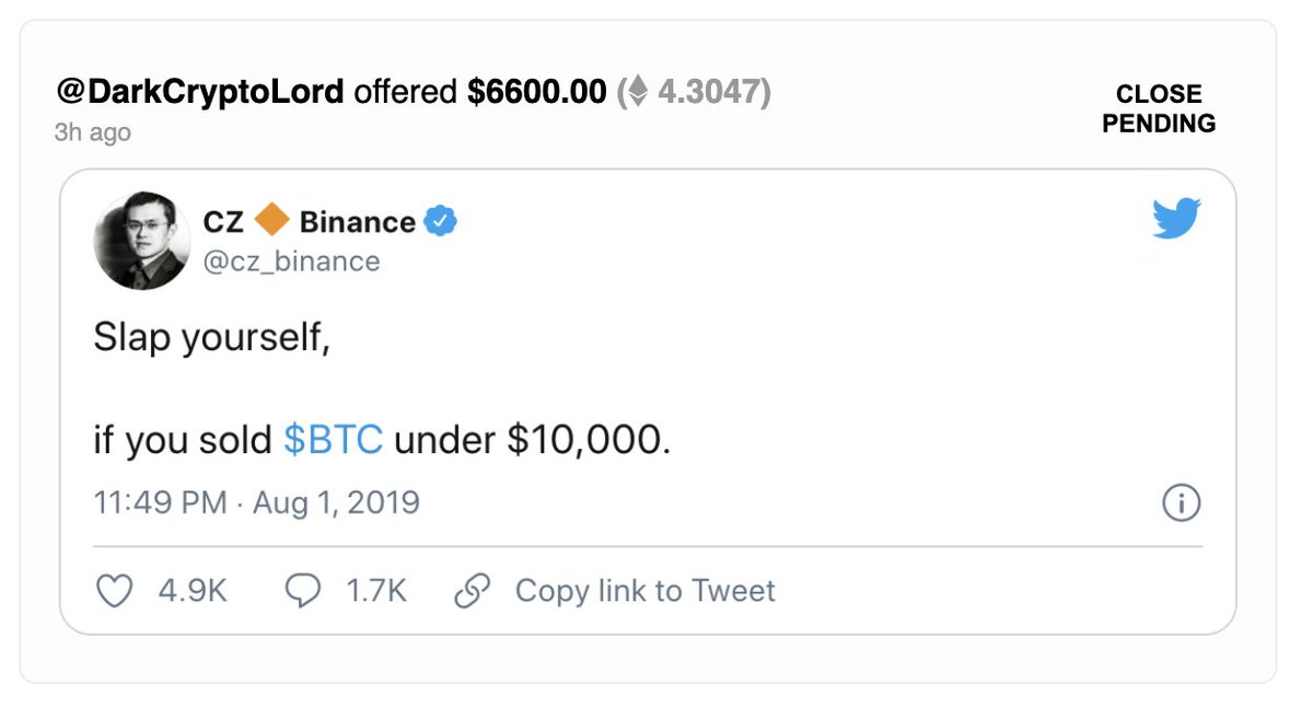cz_binance's tweet photo. Accepted my first #NFT sales for a tweet. Let's see if this goes through. Learning the product. 

$6600 sounds lucky and pretty high. Thanks to @DarkCryptoLord! 🙏

I will donate all my tweet NFT earnings to charity, including future ones. https://t.co/jYKmweuXK9