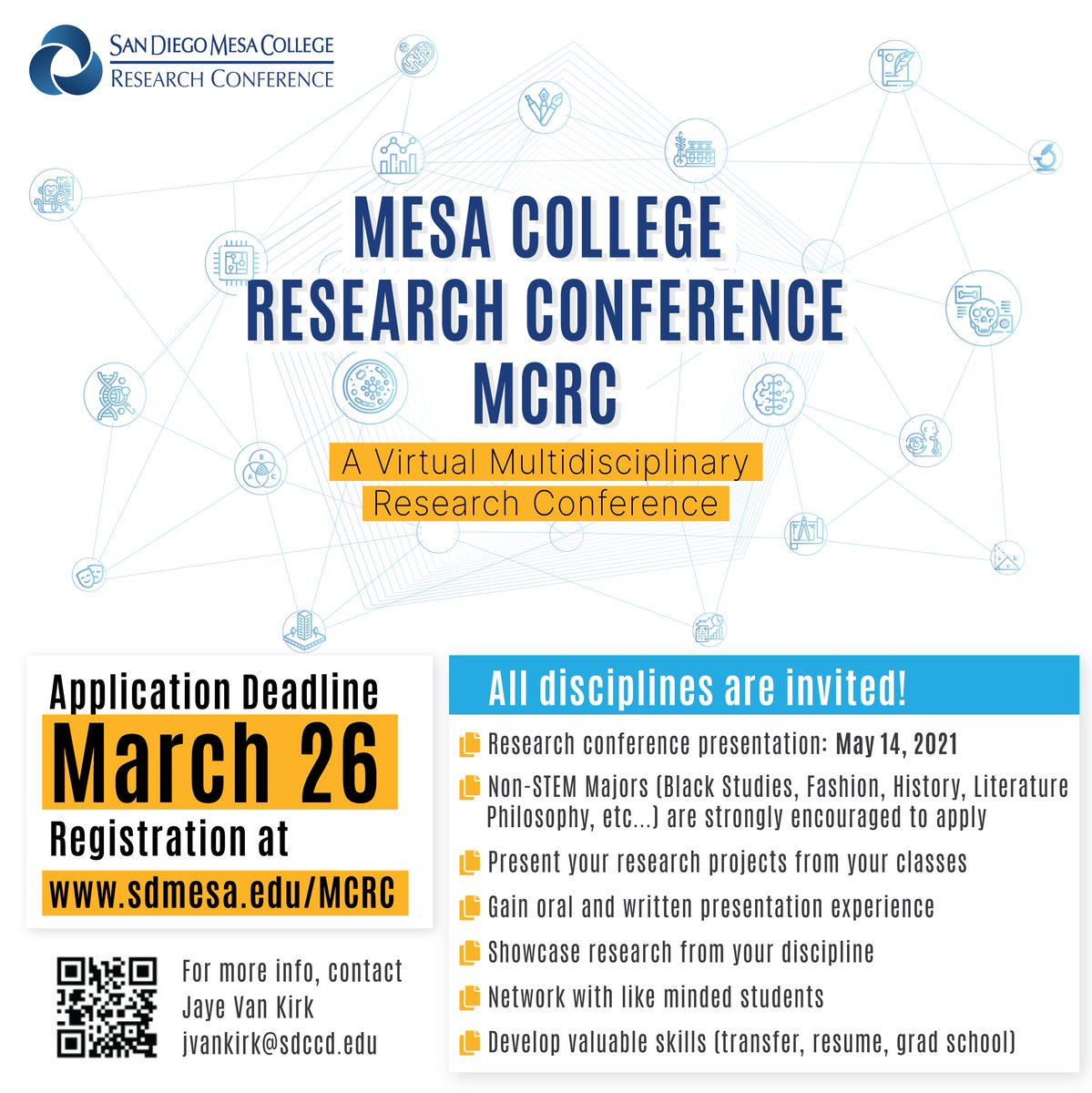 Calling all #SDCCD students to participate in a multidisciplinary research conference: 
Mesa College Research Conference (MCRC 2021). 
All disciplines are encouraged to apply: humanities, culinary arts, social sciences, STEM, &amp; more. Check out our Q/A: buff.ly/2OowneO