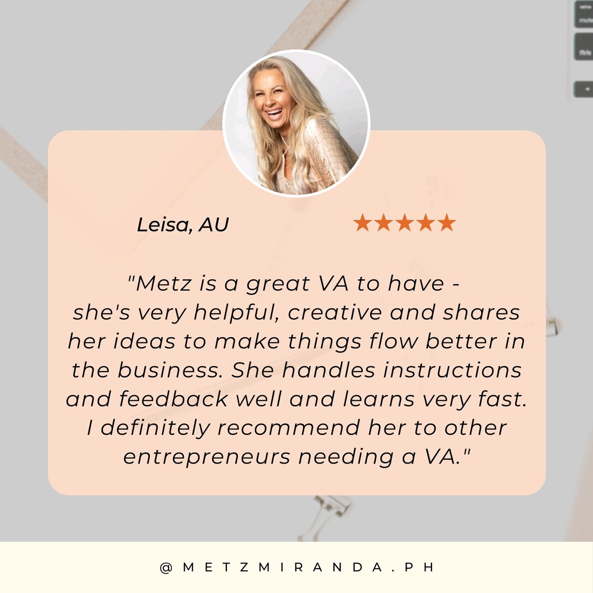 MetzOnSocial's tweet photo. When you work with passion, dedication and commitment, nothing is impossible! I'm beyond grateful to work with Leisa. We started working together for almost a year now! Yayks! 

#HireMetzMiranda #SocialMediaManager #Socialmediaqueen #SMM #Testimonial #Clienttestimonial #VAlife https://t.co/NO9PuatARO