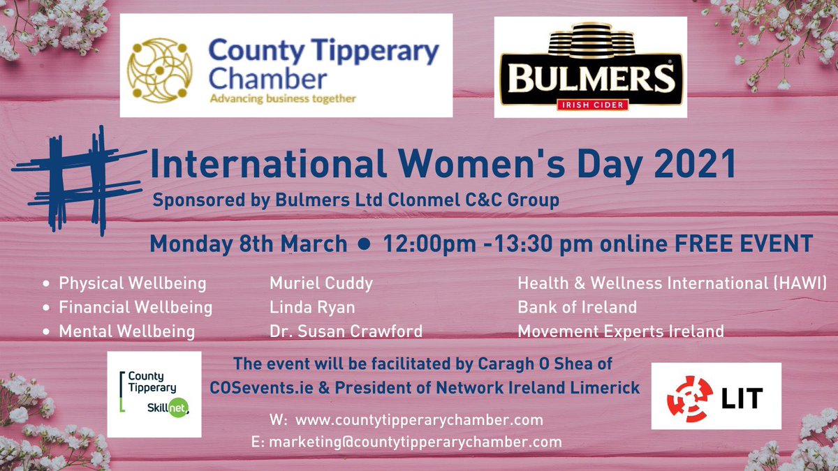 🗓 Monday 8th
⏰ 12.00-13.30
👩🏻‍💻 Zoom #IWD
🎫 bit.ly/IWD21Tipp

Hear from amazing speakers @MurielCuddy @bankofireland @YourHawi sharing their experience and knowledge on Wellbeing.  

Thank u to the Sponsor of the event @BulmersIreland 

@LIT_Tipperary2 @CoTippSkillnet