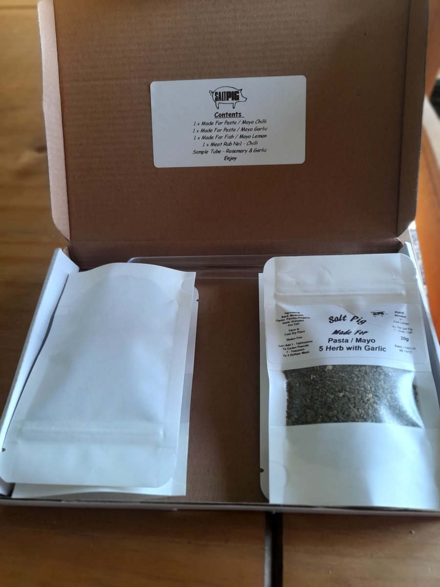 New from Salt Pig HQ We are now offering a Post Out Box containing 1 each 20g Made For Pasta Mayo Chilli, Garlic, Made For Fish Lemon, 1 No Meat Rub (Chilli) plus a free Taste Tube of one of our Salt Blends 8 to choose from all for £10.00 including Postage 2nd Class Royal Mail.
