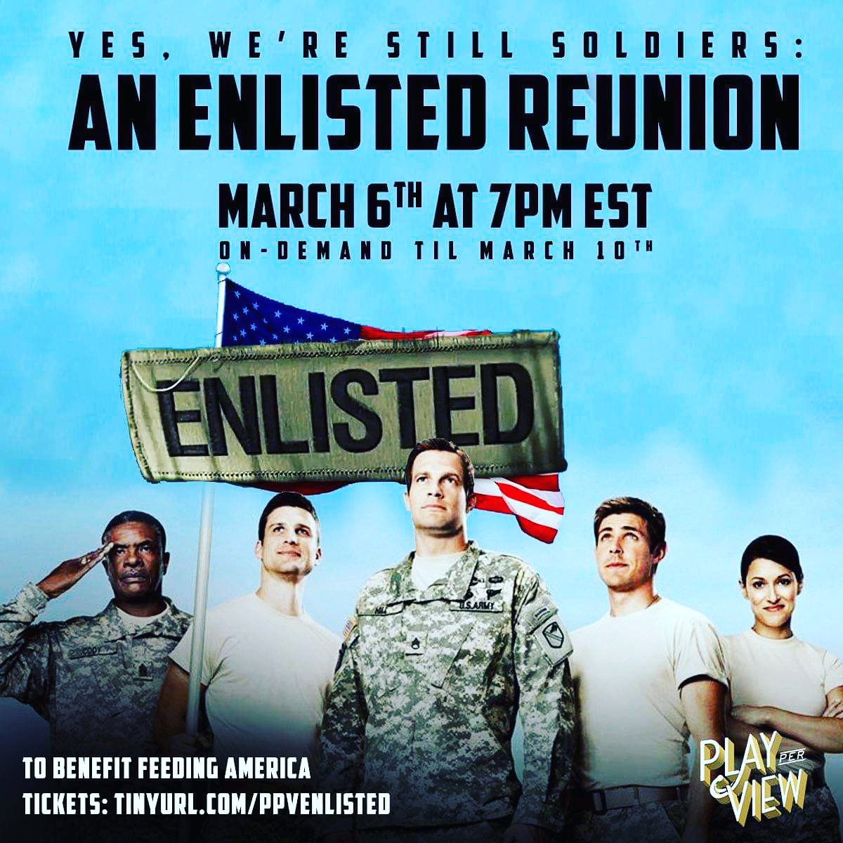Play-PerView (@play_perview) on Twitter photo TONIGHT IS THE NIGHT!
#EnlistedReunion
Table read, Q&A, Giveaways, the confirmation of the secret to eternal youth?
7pm.est to benefit <a href="/FeedingAmerica/">Feeding America</a>
(or on-demand til 3/10!)
Tinyurl.com/ppvenlisted for tickets TONIGHT IS THE NIGHT!
#EnlistedReunion
Table read, Q&A, Giveaways, the confirmation of the secret to eternal youth?
7pm.est to benefit <a href="/FeedingAmerica/">Feeding America</a>
(or on-demand til 3/10!)
Tinyurl.com/ppvenlisted for tickets